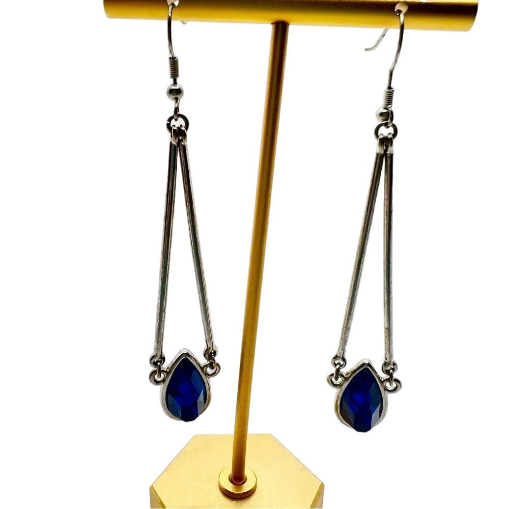 Blue oval faceted jewel crystal silver tone dangle drop statement earring